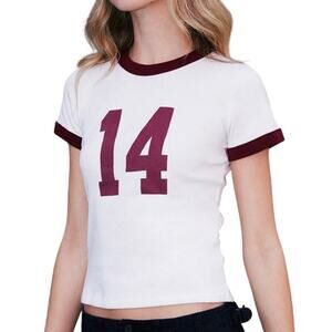John Galt Brandy Melville Hailie 14 Ringer T-shirt White & Burgundy One Size